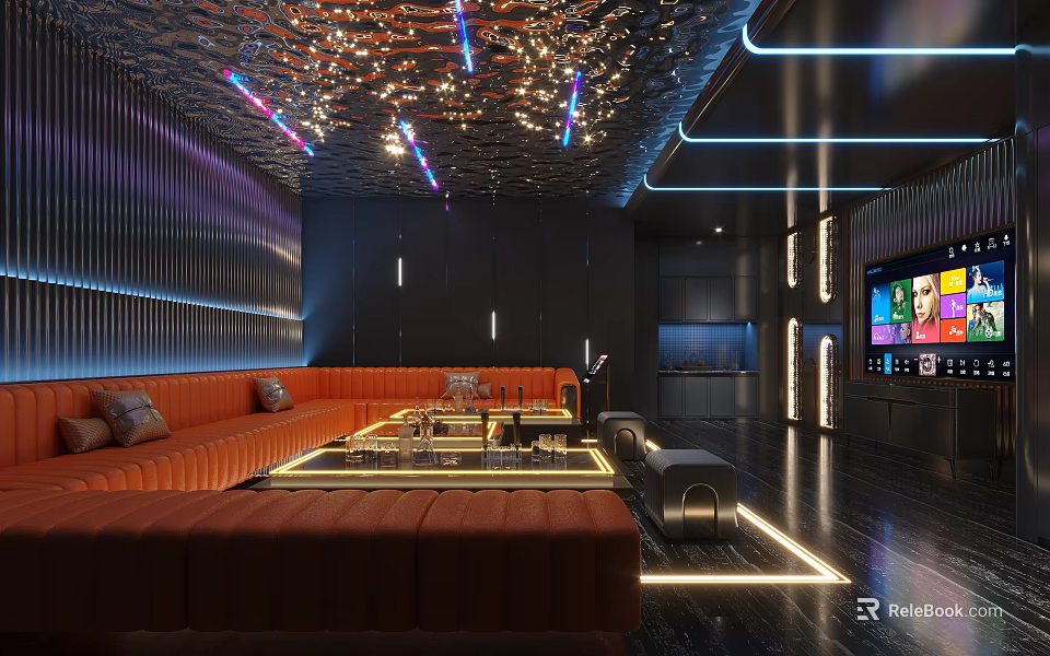 Modern KTV Interior Design With Orange Sofa Mirrored Ceiling Neon Lights And Large Screen TV 3d model 