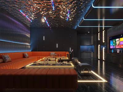 Modern KTV Interior Design With Orange Sofa Mirrored Ceiling Neon Lights And Large Screen TV 3d model