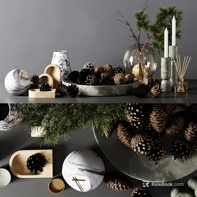 Decorative Ornament Set With Pine Cones Candles Evergreen Branches And Marble Bowl 3d model 