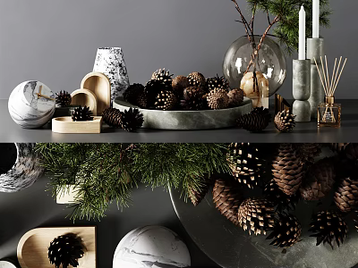 Decorative Ornament Set With Pine Cones Candles Evergreen Branches And Marble Bowl 3d model