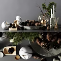 Decorative Ornament Set With Pine Cones Candles Evergreen Branches And Marble Bowl