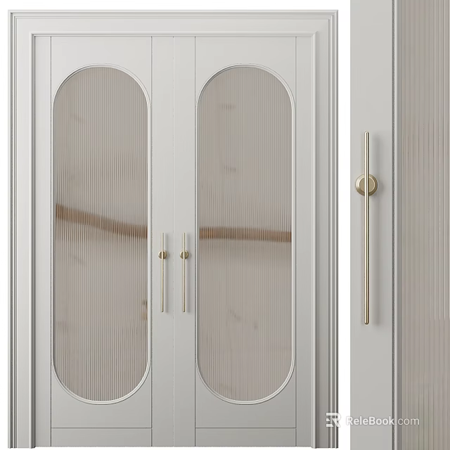 Modern White Wardrobe With Double Vertical Striped Glass Doors And Gold Handles Design 3d model 