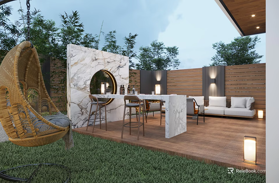 Outdoor Garden Landscape Design With Wooden Deck Marble Countertop Rattan Swing Chair And Green Plants 3d model 