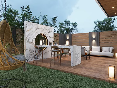 Outdoor Garden Landscape Design With Wooden Deck Marble Countertop Rattan Swing Chair And Green Plants 3d model