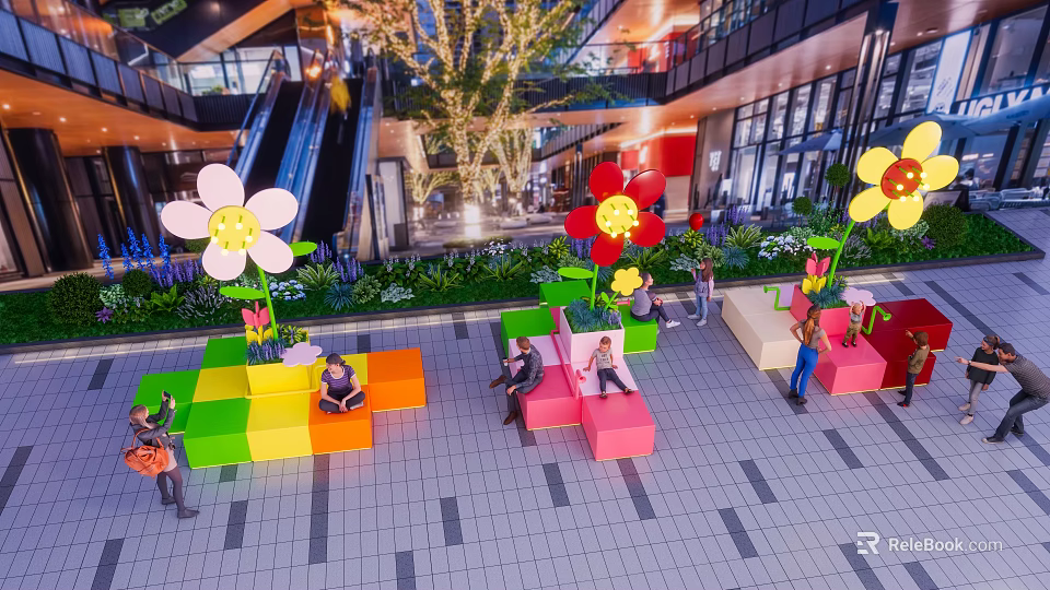 Popular Mall Photo Check in Spot With Colorful Seats Large Flower Decorations And Green Plants 3d model 