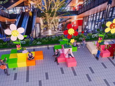 Popular Mall Photo Check in Spot With Colorful Seats Large Flower Decorations And Green Plants 3d model