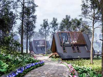 Modern Detached Villa Surrounded By Forest Trees With Stone Path And Flower Gardens 3d model