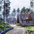 Modern Detached Villa Surrounded By Forest Trees With Stone Path And Flower Gardens 3d model