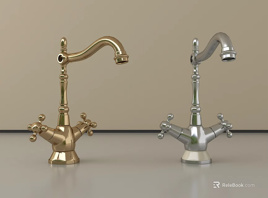 Two Gold and Silver Faucets on Gray Countertop with Light Colored Wall 3d model 