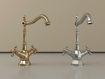Two Gold and Silver Faucets on Gray Countertop with Light Colored Wall 3d model