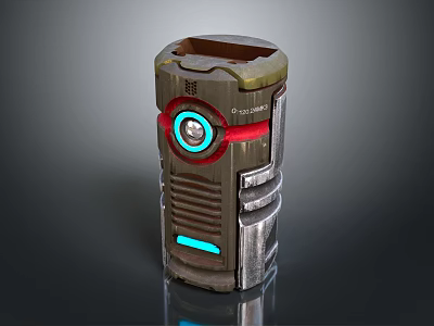 Futuristic Metallic Weapon Device With Glowing Blue Red Core And Cylindrical Design 3d model
