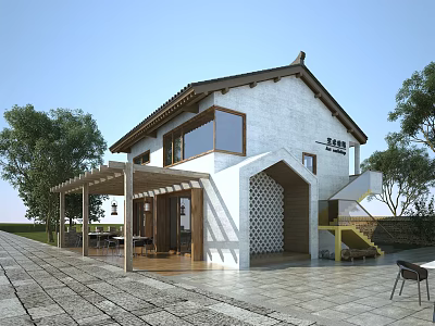 Traditional Style Homestay Building With White Walls Sloped Roof Wooden Terrace And Trees 3d model