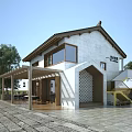 Traditional Style Homestay Building With White Walls Sloped Roof Wooden Terrace And Trees