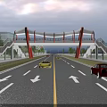Red and White Canopy Bridge Over Road With Bicycle Lane Staircases And Cars Passing Below