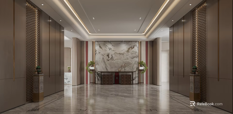 Luxurious Modern Foyer Hallway Featuring Marble Floor Paneled Walls And Potted Green Plants 3d model 
