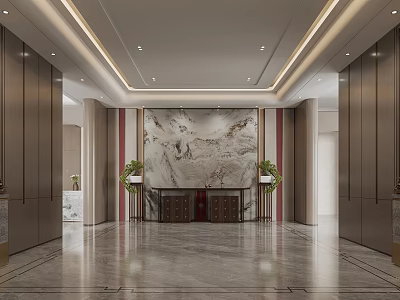 Luxurious Modern Foyer Hallway Featuring Marble Floor Paneled Walls And Potted Green Plants 3d model