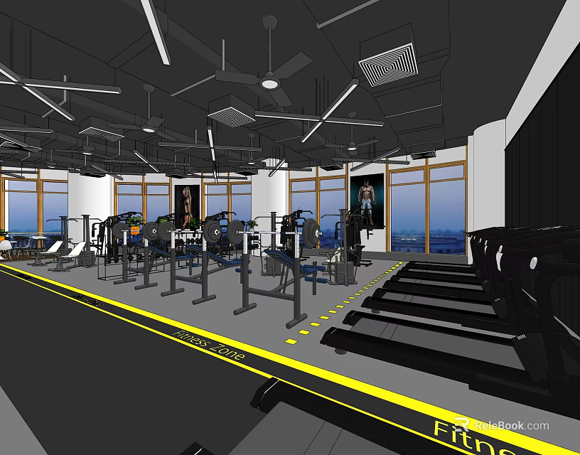 Spacious Gym Interior With Treadmills Dumbbell Racks And Fitness Equipment Large Windows And Modern Setup 3d model 