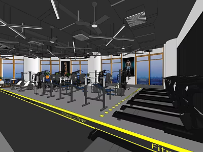 Spacious Gym Interior With Treadmills Dumbbell Racks And Fitness Equipment Large Windows And Modern Setup 3d model