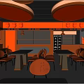 Warm Toned Cafe Interior With Dark Tables Beige Chairs Yellow Pendant Lights And Terrazzo Floor