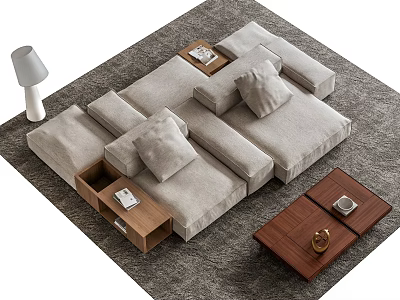 Light Gray Large Sectional Sofa With Plush Cushions Wooden Coffee Tables And Floor Lamp 3d model