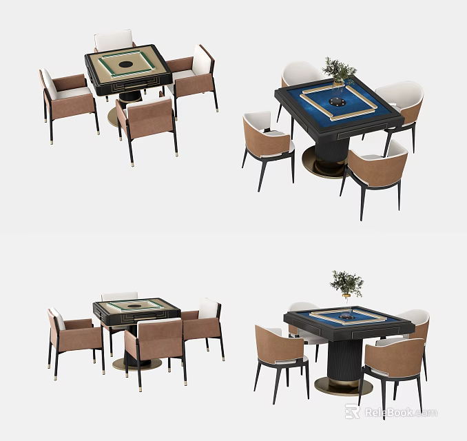 Stylish Entertainment Table With Chessboard Top And Brown Chairs Decorative Plant 3d model 