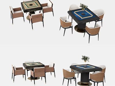 Stylish Entertainment Table With Chessboard Top And Brown Chairs Decorative Plant 3d model