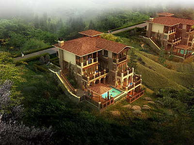 Detached Villa on Hillside with Lush Green Surroundings Swimming Pool and Red Tile Roof 3d model