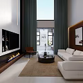 Modern Duplex Living Room With High Ceiling White Sofa Wood Paneling And Fireplace