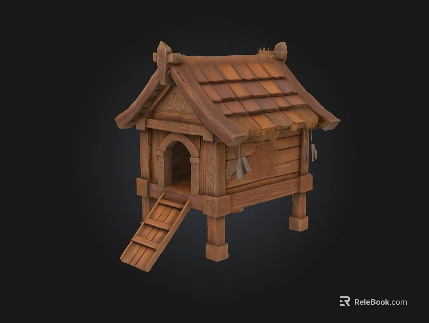 Rustic Traditional Wooden House With Tiled Roof Wooden Stairs And Door Design 3d model 