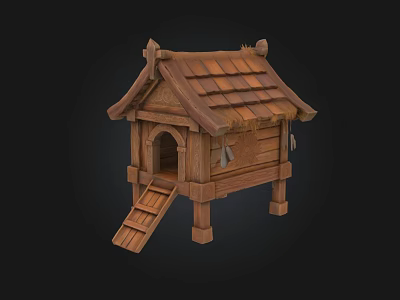 Rustic Traditional Wooden House With Tiled Roof Wooden Stairs And Door Design 3d model