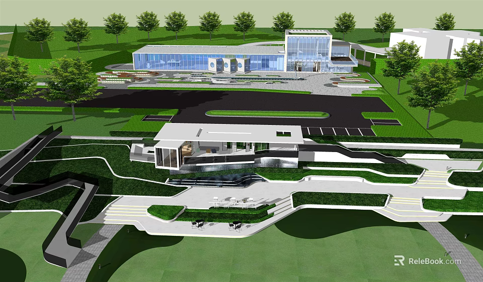 Modern Architectural Complex with Green Landscape Parking Area and Water Features 3d model