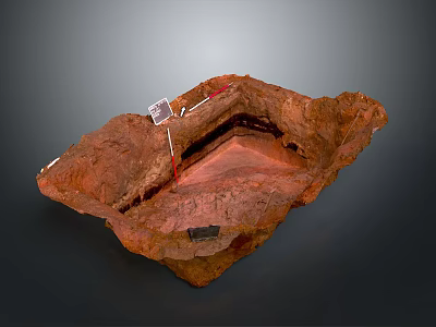 Archaeological Site Square Pit Structure With Red Soil And Measurement Markers 3d model