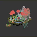 Enchanting Floating Island Landscape with Mountain Lush Trees Traditional Building Flowing Stream and Small Island