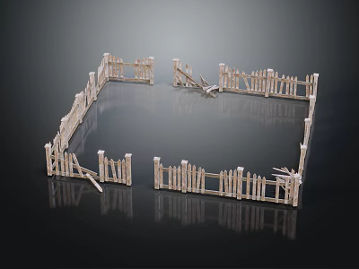 Broken Square Wooden Fence Structure With Reflective Surface On Black Background 3d model