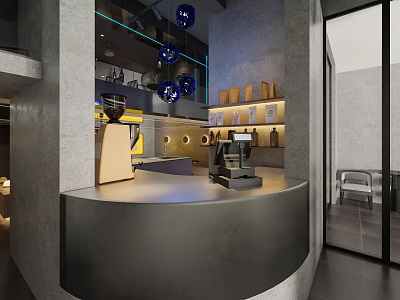 Modern Cafe Interior Design With Curved Bar Counter Blue Pendant Lights And Seating Area 3d model