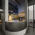 Modern Cafe Interior Design With Curved Bar Counter Blue Pendant Lights And Seating Area