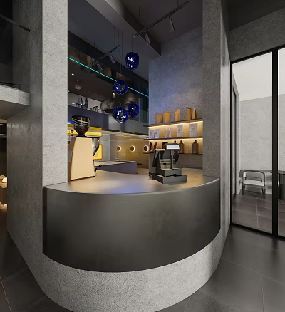 Modern Cafe Interior Design With Curved Bar Counter Blue Pendant Lights And Seating Area 3d model