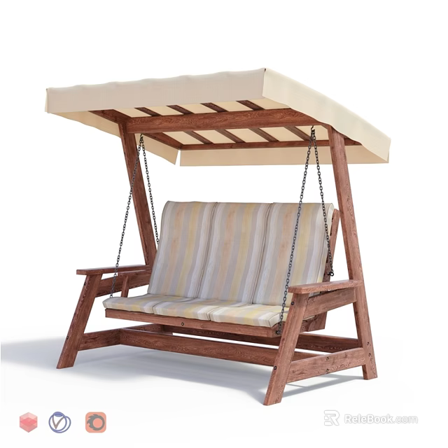 Outdoor Wooden Swing Chair With Beige Canopy And Striped Seat Cushion 3d model 