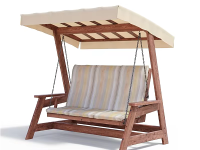 Outdoor Wooden Swing Chair With Beige Canopy And Striped Seat Cushion 3d model