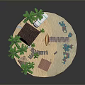 Tropical Scenic View With Sandy Beach Thatched Hut Palm Trees Green Bus And Wooden Bridge