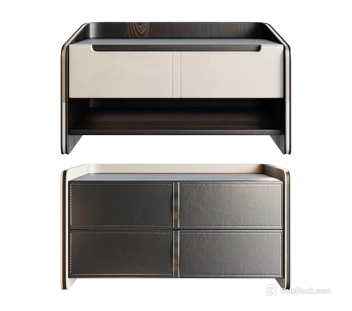 Modern Leather Bedside Nightstand With Two Drawers And Minimalist Wooden Design 3d model 