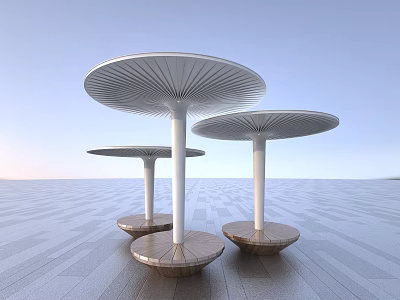 Modern Mushroom Shaped Landscape Seats With White Canopy And Wooden Base 3d model