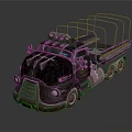 Vintage Rusted Truck with Metal Frame Open Cargo Bed Multiple Round Headlights and Decorative Details