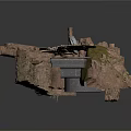 Rocky Terrain Model With Elevated Platforms And Architectural Structures Featuring Green Vegetation
