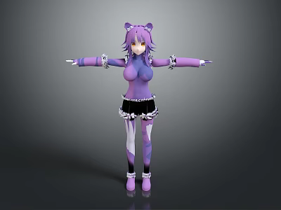 Anime Style Game Movie Character With Purple Hair Cat Ears Purple Top And Black Skirt 3d model