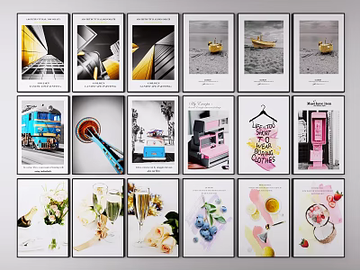 Diverse Creative Posters Collage With Various Themes And Visual Elements 3d model