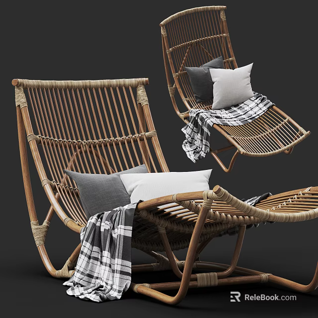 Comfortable Rattan Lounge Chair With Gray And White Pillows And Plaid Blanket 3d model 