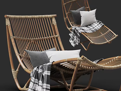 Comfortable Rattan Lounge Chair With Gray And White Pillows And Plaid Blanket 3d model