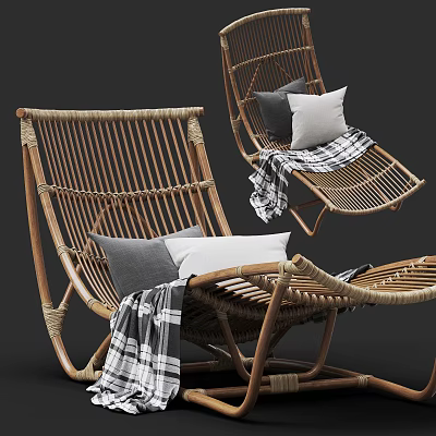 Comfortable Rattan Lounge Chair With Gray And White Pillows And Plaid Blanket 3d model