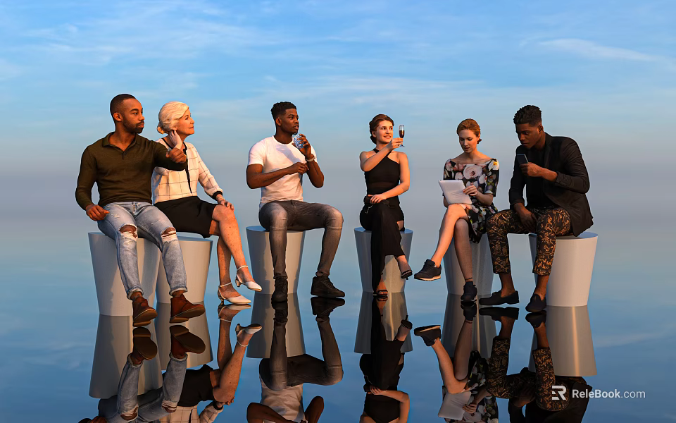 People Sitting On White Cylindrical Seats Chatting With Microphones And Notebooks Under Blue Sky 3d model 